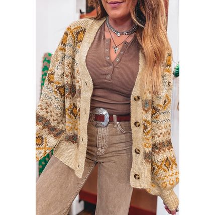Khaki Western Pattern Knitted Button V Neck Cardigan Sweater
