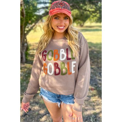 Dark Khaki GOBBLE Letter Graphic Thanksgiving Shift Sweatshirt