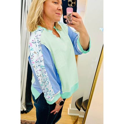 Green Color Block Floral Patchwork Long Sleeve Notched Neck Plus Size Top