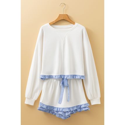 White Plaid Ruffled Patchwork Drop Shoulder Pullover and Drawstring Elastic Wais