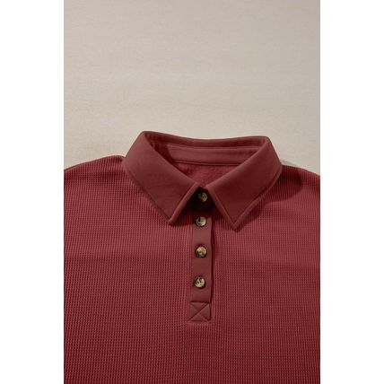 Red Dahlia Solid Color Long Sleeve Thermal Knit Polo Collar Patchwork Top
