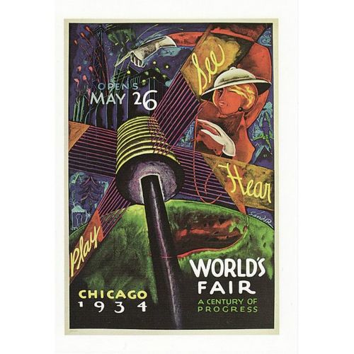 Travel Poster Art Postcard Chicago World's Fair 1934 USA See Hear Play Signpost