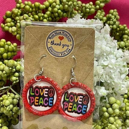 Love & Peace Red Bottle Cap Retro 60's Dangle Fish-hook Earrings Handcrafted