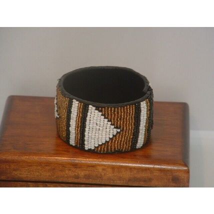 New Women's African Gold & White Beaded Wide Leather Bracelet
