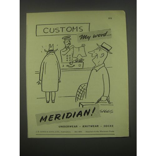 1949 Meridian Underwear knitwear and socks Ad - Customs My word.. Meridian!