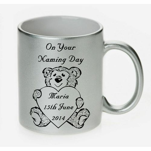 Cute Bear with Heart Silver Pearl Ceramic Mug PERSONALISED Baby NAMING DAY Gift