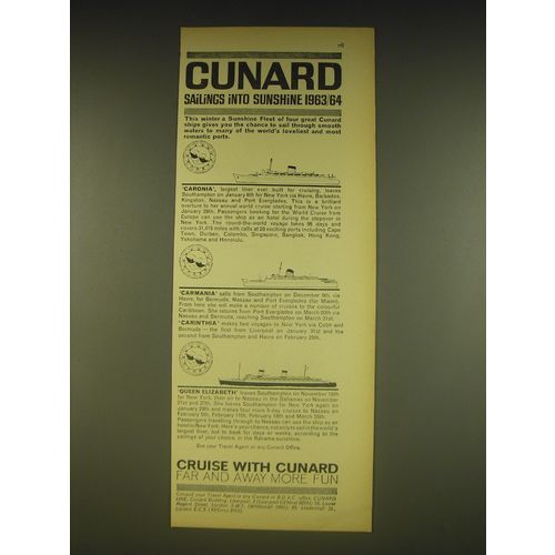 1963 Cunard Cruise Ad - Cunard sailings into sunshine 1963/64