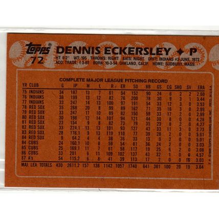 1988 Topps Dennis Eckersley baseball card #72 -NM-HOF- Athletics