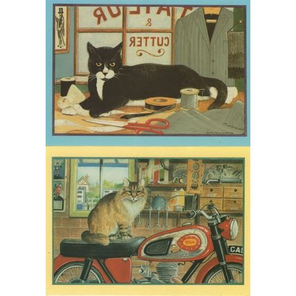 The Tailors Garage Cat 2x Cats Painting Postcard s