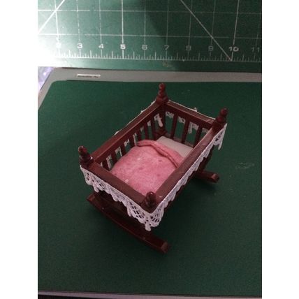 Mahogany Rocking Cradle Pink Spotty Bedding 1:12th Dolls House Miniatures