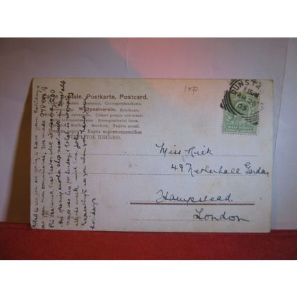 IN THE SNOW, LOVERS, ROMANCE used antique postcard. 1905 pm =