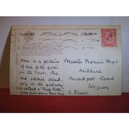 BLOODY TOWER, TOWER OF LONDON by Charles F. Flower antique postcard 1921 pm =
