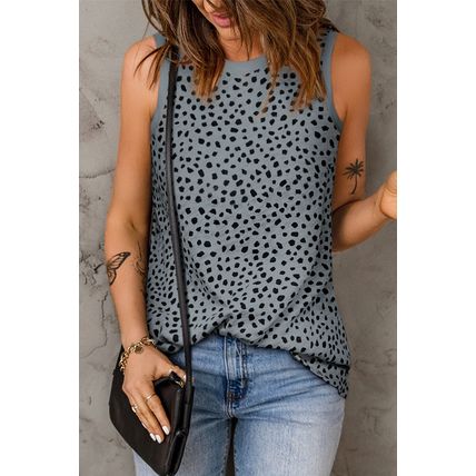 Gray Leopard Print Round Neck Tank Top