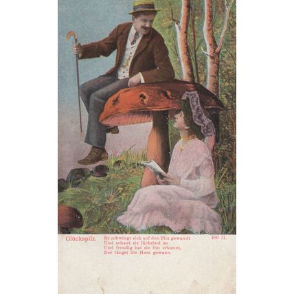 Man Flirting On Giant Mushroom Toadstall German Old Postcard