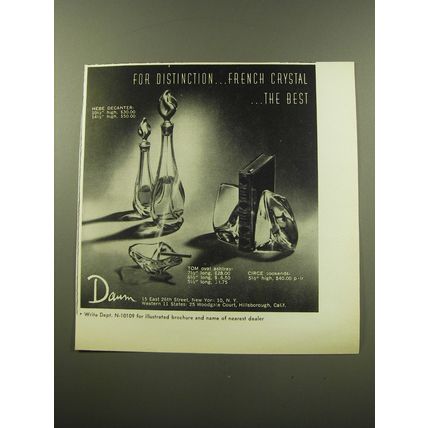 1959 Daum Crystal Ad - Hebe Decanter; Tom Ashtray; and Circe Bookends