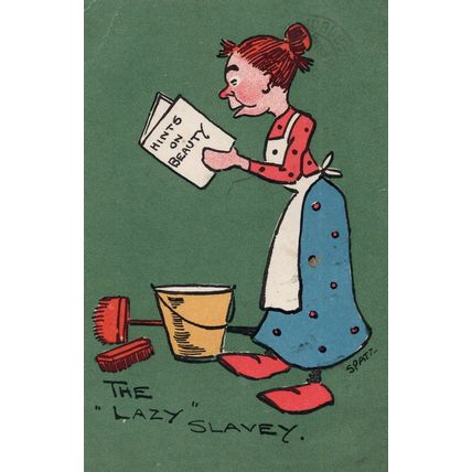 Cleaning Lady Reading Learn Beauty Book Old Comic Postcard