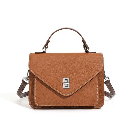 New French Crossbody Bag Small Square Bag Genuine Leather Handbag Brown