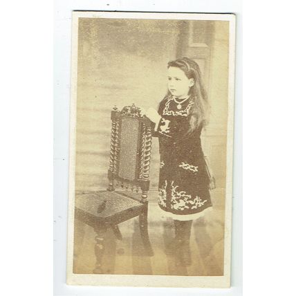 Victorian cdv photo girl standing by chair unstated photographer