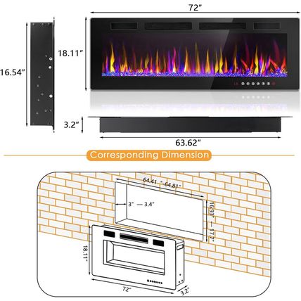 LEMBERI 72 Inch Electric Fireplace Recessed and Wall Mounted,750/1500W Fireplace