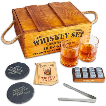Mixology & Craft Whiskey Stones Gift Set for Men - 2 Glasses, 8 Chilling Rocks &