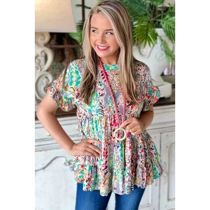 Purple Floral Print Ruffle Sleeve Babydoll Top