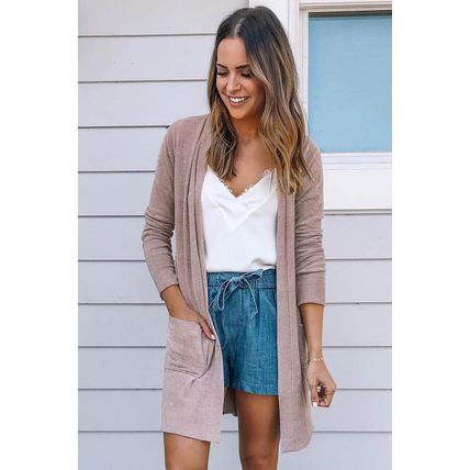 Pink Tunic Back Open Front Cardigan with Pockets