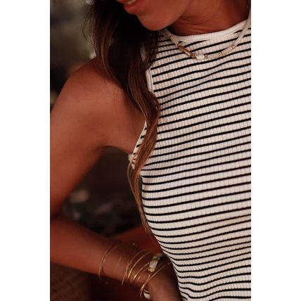 White Striped Print Ribbed Knit Sleeveless Top