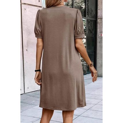 Desert Palm Notched Neck Pleated Puff Sleeve Shift T-shirt Dress