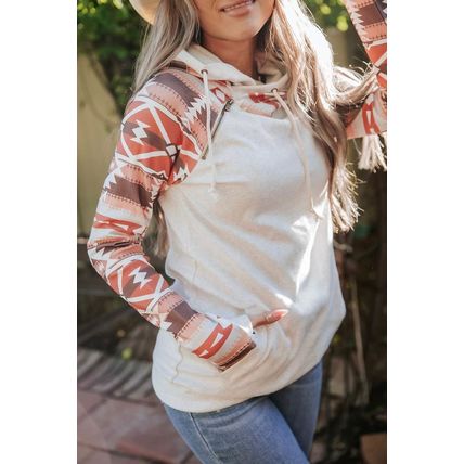 Western Aztec Print Patchwork Double Hood Hoodie