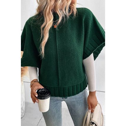 Blackish Green Mock Neck Batwing Short Sleeve Knit Sweater
