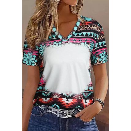 Green Western Print Bleached V Neck Short Sleeve Top