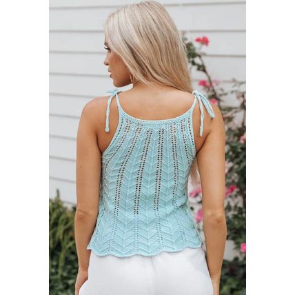 Beau Blue Tied Shoulder Pointelle Knit Tank Top