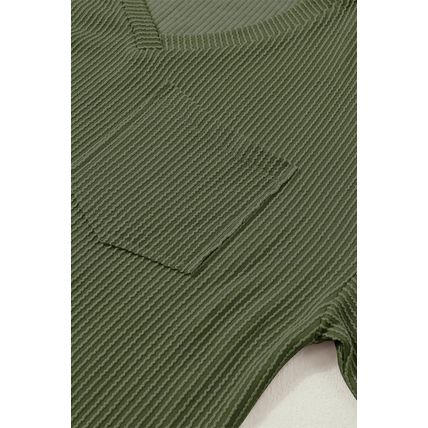 Jungle Green Corded V Neck Chest Pocket Loose T-shirt