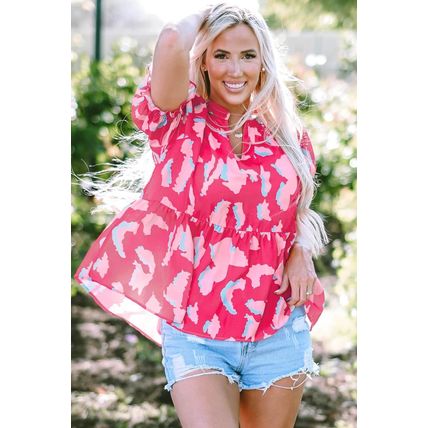 Rose Abstract Print Smocked Puff Sleeve V Neck Blouse