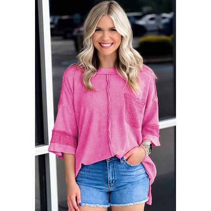 Bright Pink Oversized Mineral Wash Textured Bracelet Sleeve Top