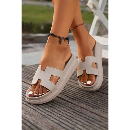 Beige Cutout Design Open Toe Platform Slippers