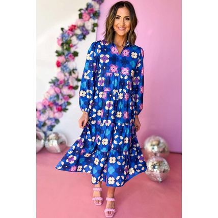 Blue Floral Peasant Sleeve Tiered Ruffle Midi Dress