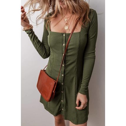 Guacamole Green Rib Knit Square Neck Buttoned Long Sleeve Mini Dress