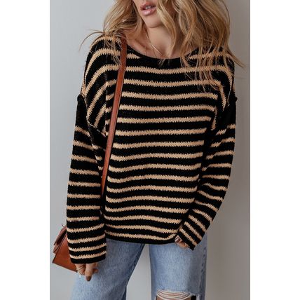 Black Stripe Drop Shoulder Round Neck Loose Sweater