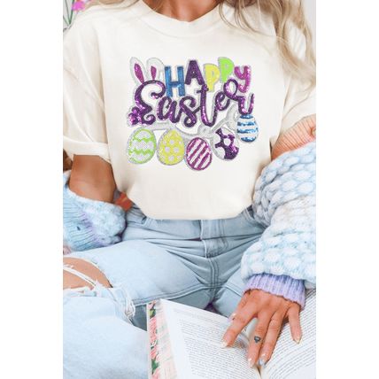 White Happy Easter Sequin Patched Casual Tee