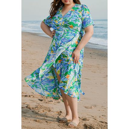 Green Leaves Print Short Sleeve Surplice Neck Ruffled Trim Plus Size Maxi Dress