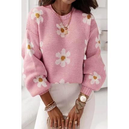 Pink Floral Pattern Drop Shoulder Sweater