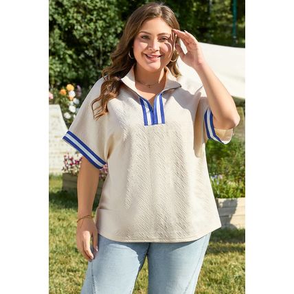 White Varsity Half Zip Textured Plus Size Top