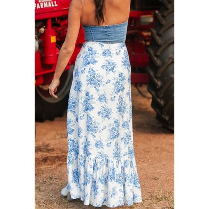 Sky Blue Boho Floral High Waist Ruffle Split Maxi Skirt