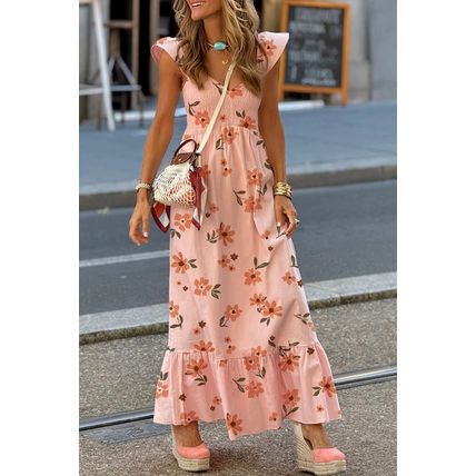 Pink Floral V Neck Smocked High Waist Ruffle Hem Long Dress