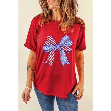 Red American Flag Bow Knot Print Crew Neck T Shirt