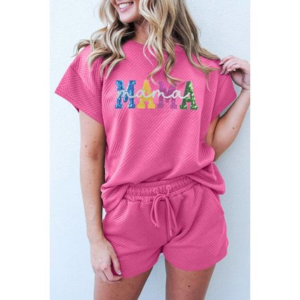 Strawberry Pink Sequined MAMA Letter Graphic Textured Short 2pcs Set