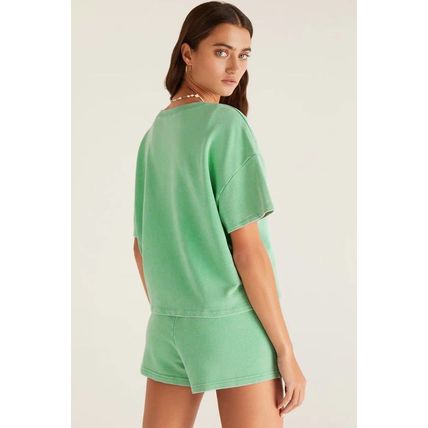 Mint Green V Neck Drop Shoulder Tee and Patchwork Drawstring Shorts Set