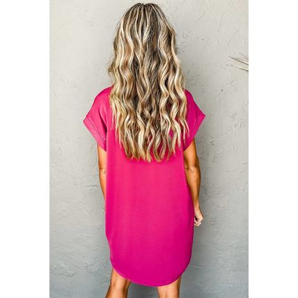Rose Red Buttoned Collar Shift T-shirt Mini Dress