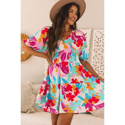 Rose Red Floral Bubble Sleeve V Neck Tiered Ruffle Babydoll Dress